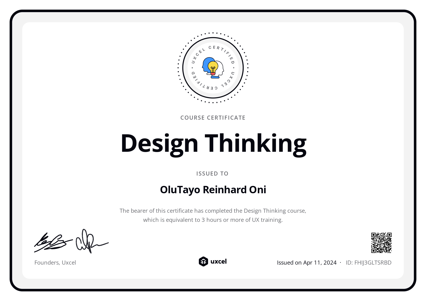OluTayo Reinhard Oni's certificate